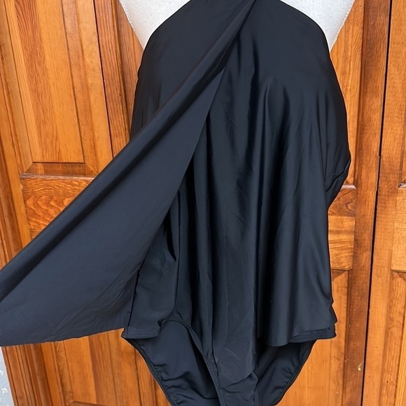 Black One Piece Swimsuit with Split Midline Batwing Flap Material 3XL - Picture 3 of 10